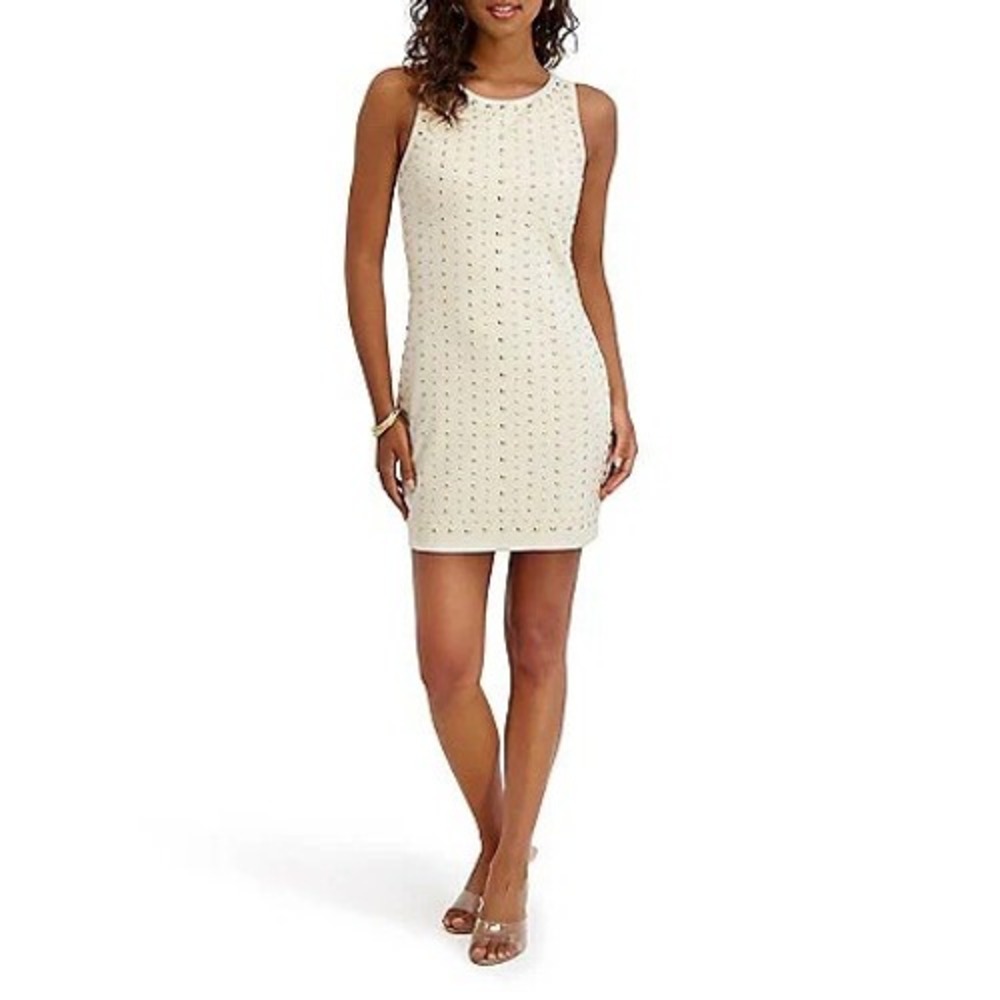 Siena Studded Faux Suede Dress Womens Cream Gold Stud Sheath 16 $138